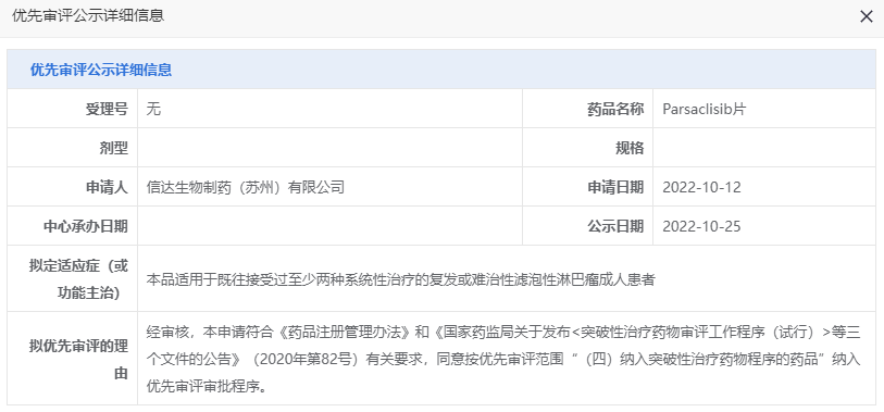 信达生物 PI3Kδ 抑制剂上市申请获受理，已纳入优先审评