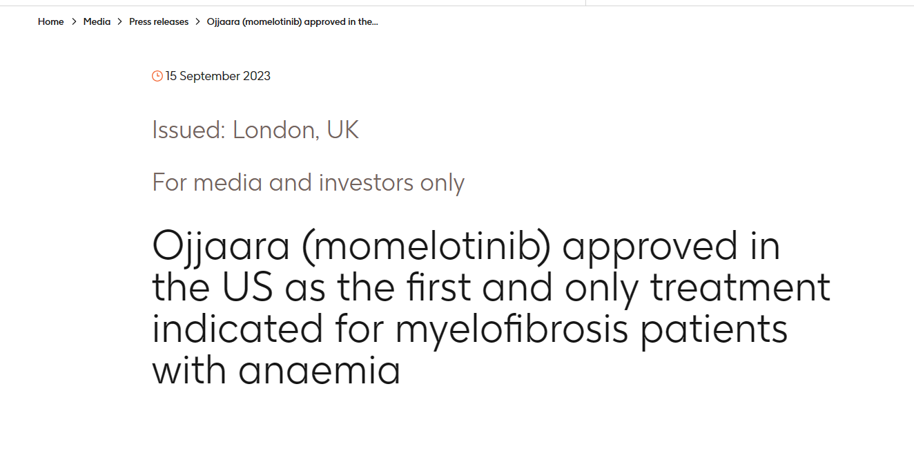 全球首款！GSK 骨髓纤维化贫血新药momelotinib获FDA批准上市